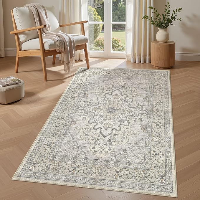 Tortania Area Rug Living Room Rugs - 3x5 Washable Rug Vintage Oriental Distressed Farmhouse Small Thin Indoor Carpet for Living Room Bedroom Under Dining Table Home Office - Beige Linen