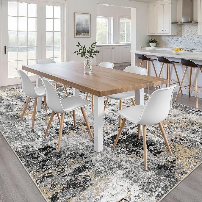 10x12 Area Rug Living Room: Washable Large Abstract Neutral Modern Soft Rug Stain Resistant Indoor Floor Non-Slip Accent Carpet for Bedroom Nursery Playroom Dining Room Office Dorm Home- Black Gold