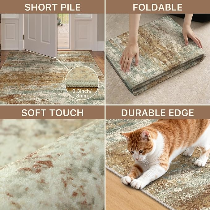 GENIMO Area Rug 5x7 Washable Abstract Modern Rug Non Slip, Throw Neutral Rugs Soft Large Carpet for Living Room Bedroom Dining Room, Low Pile Lightweight, Burnt Orange Brown Green Colorful