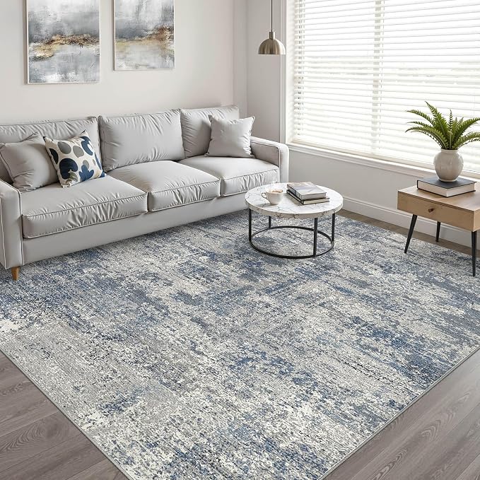 7x9 Area Rug Living Room: Washable Large Neutral Rug Abstract Soft Modern Stain Resistant Indoor Floor Non-Slip Carpet for Bedroom Nursery Kids Office Playroom Dining Room Under Table- Blue Gray
