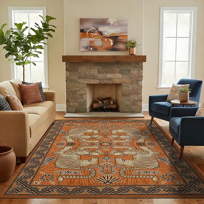 GarveeHome 4x6 Tiger Washable Area Rug for Kids Room, Boho Terracotta Bedroom Rug Non Slip Low Pile Vintage Tribal Carpet Stain Resistant Throw Rug for Dorm Nursery Room Playroom Office Dining Room