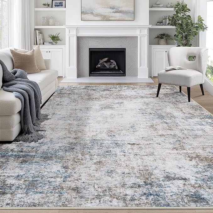 10x14 Area Rugs for Living Room Rug Washable: Abstract Large Rug Indoor Modern Carpet Non Slip for Dining Room Bedroom Nursery Home Office White Brown Blue