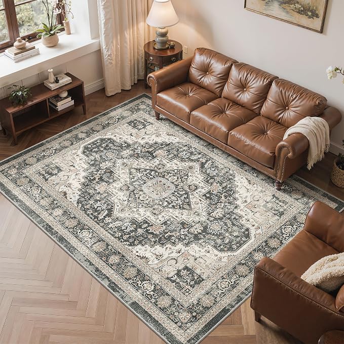 Roxstand 5x7 Washable Area Rug, Non Slip Low Pile Rug, Black/Beige | Non-slip Backing,Low Pile Carpet,Stain Resistant, Rugs for Living Room, Bedroom, Dining Room, Office