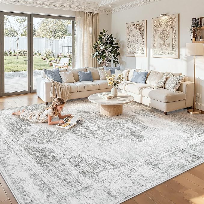 6X9 Area Rugs for Living Room, Washable Rugs Gray Vintage Medallion Non-Slip Soft Low Pile Rug Large Indoor Retro Carpet for Bedroom Dining Room Home Office Nursery Room(Gray,6'x9')