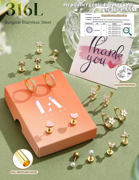 LOLIAS Hypoallergenic Flat Back Earrings for Women Girls-Cute Toddler Kids Teen Girls Earring Set-Surgical Steel Earrings for Sensitive Ears-14K Gold Plated Stainless Steel Flatback Studs Screw Back Small Hoop Cartilage Earring Stacks