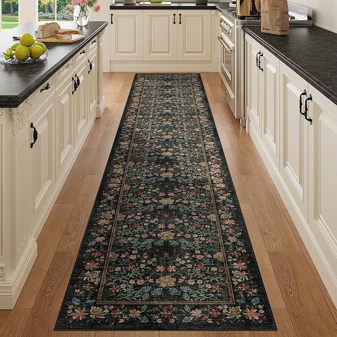 DUKINO 2x10 Runner Rug, Washable Vintage Floral Kitchen Rug, Black | Non Slip, Low Pile, Non-Shedding, Stain Resistant Soft Long Runner Carpet for Hallway, Bathroom, Bedroom, Entryway, Farmhouse