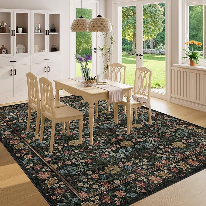 DUKINO 8x10 Area Rugs, Vintage Floral Washable Rug for Living Room, Black | Non Slip, Low Pile, Non-Shedding, Stain Resistant, Aesthetic Soft Indoor Large Carpet for Bedroom, Dining Room, Farmhouse