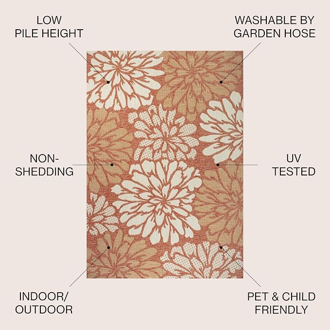 JONATHAN Y Floral Textured Weave Indoor Outdoor Round Area Rug 5 Ft Orange/Cream, Zinnia Modern for Backyard, Patio, Porch, Easy-Cleaning, High Traffic, Pet-Friendly, Non-Shedding (SMB110E-5R)