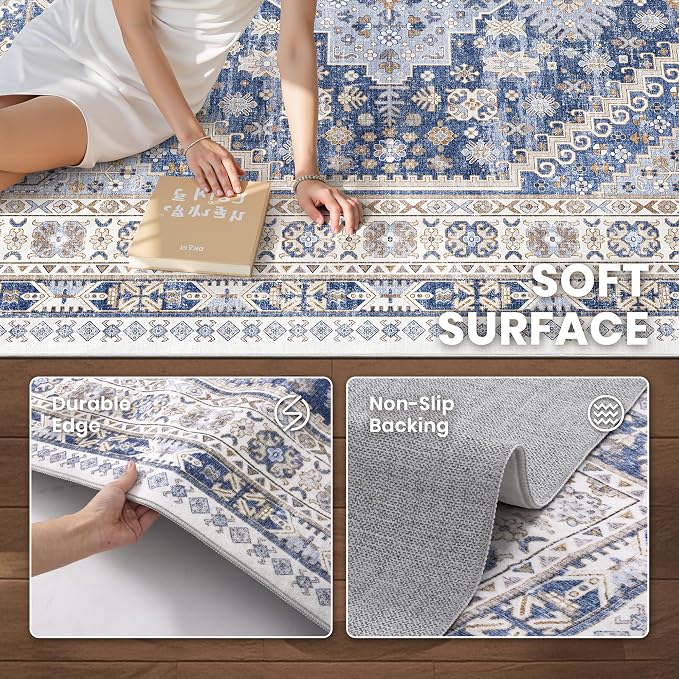 zesthome 3x18 Washable Runner Rug for Hallway, Non-Slip Long Hallway Runner for Entryway, Soft Vintage Kitchen Mats for Floor, Abstract Dining Room, Bedroom, Living Room Rugs(Blue/Beige,3'x18')