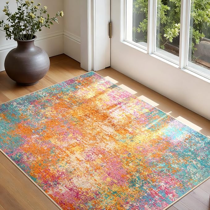 RELEANY Washable Area Rugs 3'x5' Non-Slip Modern Abstract Soft for Living Room Entryway Bedroom Kitchen, Print Pattern, Orange Blue Pink Yellow Colorful
