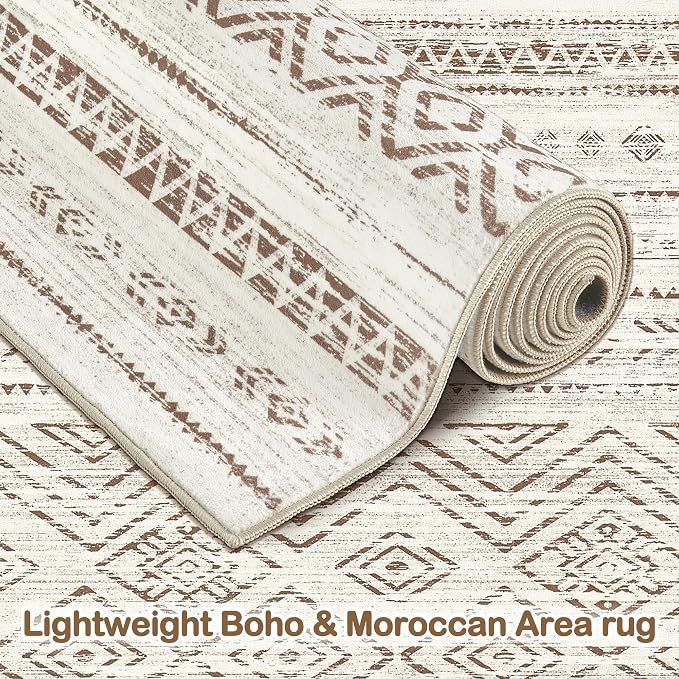 Tortania Area Rug Living Room Rugs - 8x10 Washable Large Soft Neutral Boho Moroccan Bohemian Farmhouse Rug Indoor Floor Carpet for Bedroom Under Dining Table Home Office Decor - Beige Brown