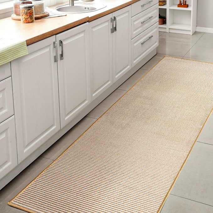 JONATHAN Y Cole Pinstripe High-Low White/Gold Runner Rug, 2x8, Modern, Minimalist, Easy-Cleaning for Living Room, Bedroom, Kitchen, Pet Friendly, Non-Shedding (CAR101D-28)