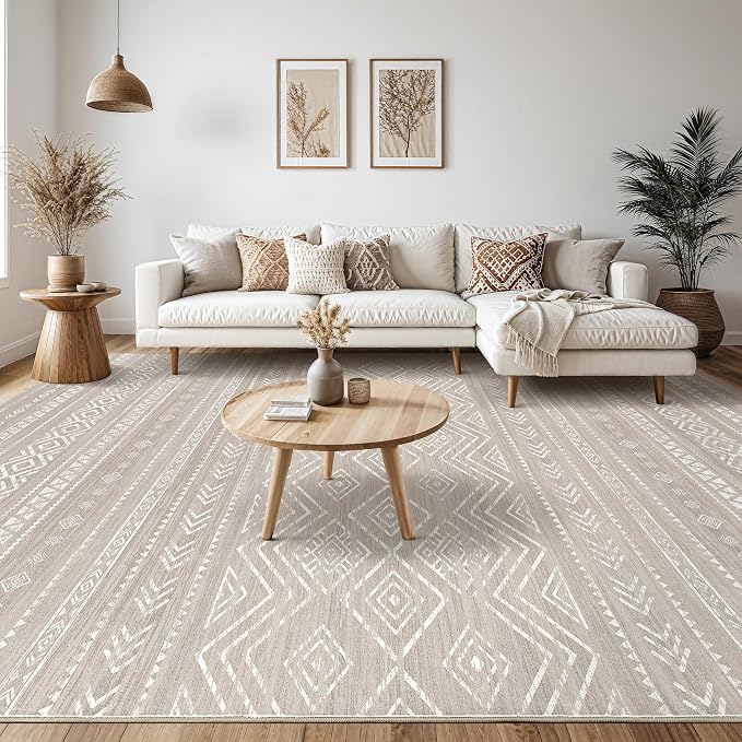 Tortania Area Rug Living Room Rugs - 9x12 Washable Large Soft Neutral Boho Moroccan Bohemian Farmhouse Rug Indoor Floor Carpet for Bedroom Under Dining Table Home Office Decor - Taupe