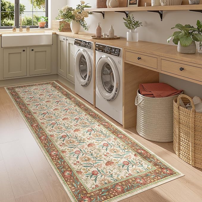 DUKINO 2x6 Runner Rug, Washable Vintage Floral Kitchen Rug, Brown | Non Slip, Low Pile, Non-Shedding, Stain Resistant Soft Carpet Runner for Hallway Bathroom Entryway Bedroom Laundry Farmhouse