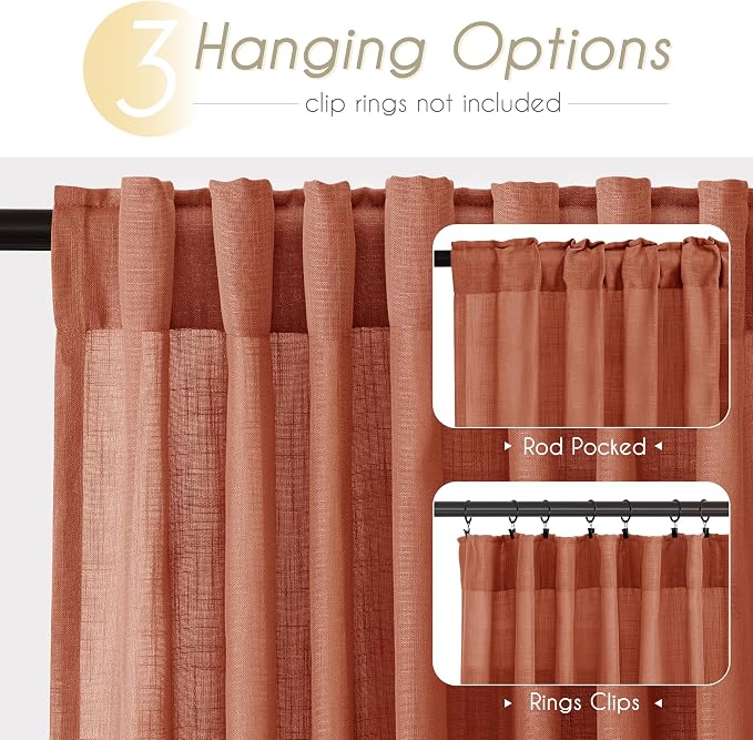 100 inch Linen Terracotta Curtains 2 Panels for Living Room Back Tab Light Filtering Semi Sheer Rust Colored Curtains 100 inches Long Soft Thick Cotton Cloth Textured Rustic Boho Farmhouse Room Decor