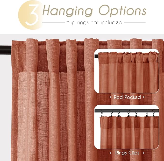 132 inch Linen Terracotta Curtains 2 Panels for Living Room Back Tab Light Filtering Semi Sheer Rust Colored Curtains 132 inches Long Soft Thick Cotton Cloth Textured Rustic Boho Farmhouse Room Decor