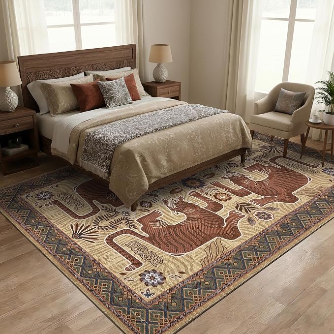 GarveeHome Large Tibetan Tiger Area Rugs 9x12 for Living Room, Boho Tribal Camel Washable Rug Soft Non Slip Vintage Mat Indoor Carpet for Bedroom Dining Room Playroom Nursery Decor