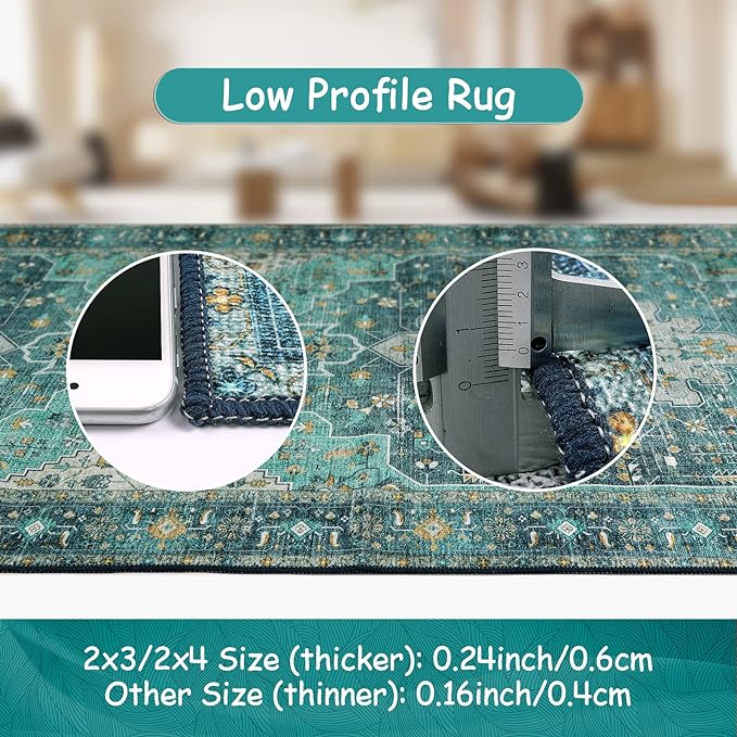 Moynesa Ultra-Thin Washable Runner Rug - 2x7 Teal Hallway Rug Runner Kitchen Carpet Runner, Non Skid Non Shedding Low Pile Bathroom Mat for Apartment Entryway Foyer Vanity RV