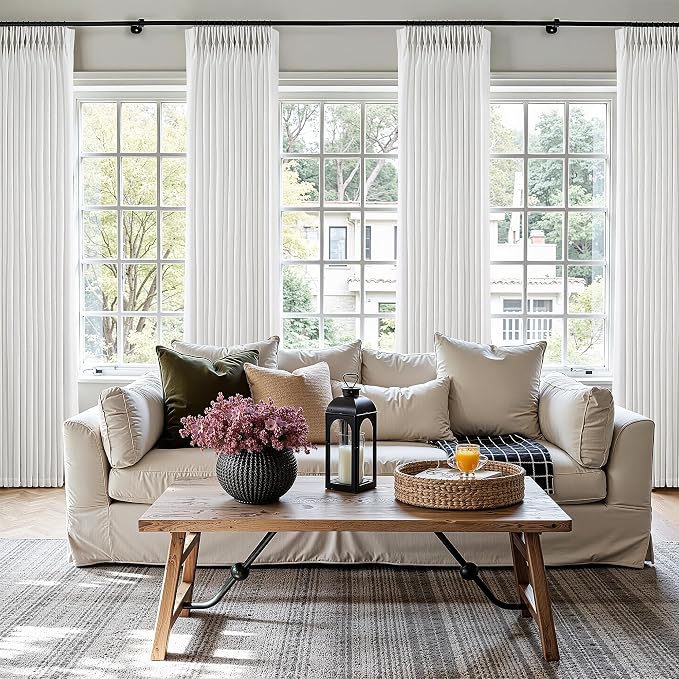 Pinch Pleat Linen Curtains 72 Inch Length 2 Panels for Living Room Bedroom Beige White Cream Beige Birch Semi Sheer Light Filtering Curtains Privacy Window Drapes Neutral Boho Farmhouse Decor