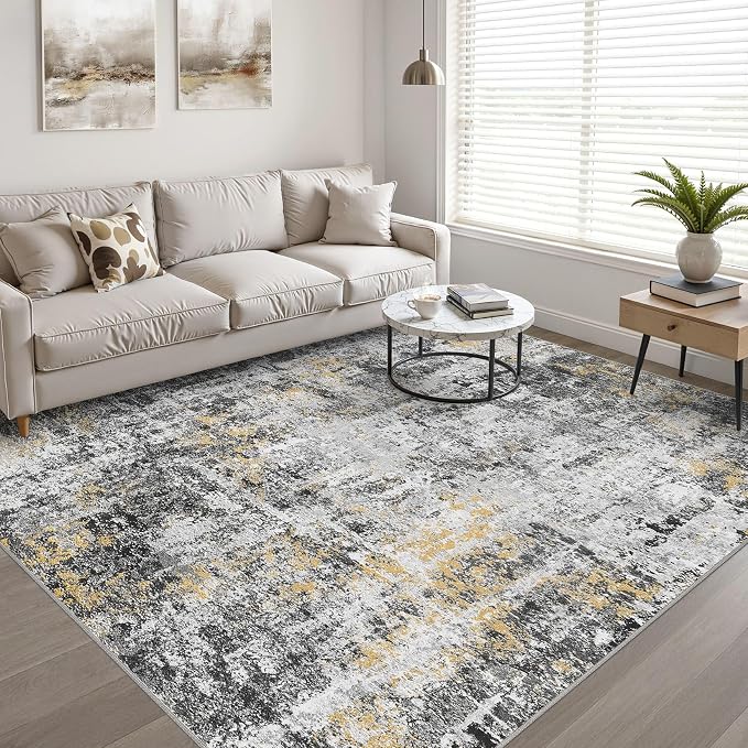 10x12 Area Rug Living Room: Washable Large Neutral Rug Abstract Soft Modern Stain Resistant Indoor Floor Non-Slip Carpet for Bedroom Nursery Kids Office Playroom Dining Room Under Table- Black Gold