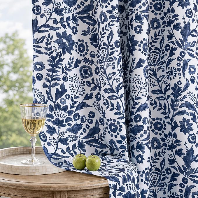 DriftAway Julia Blackout Curtains Grommet 2 Panels, W52xL72, Navy | Floral Curtains, Bedroom, Living Room, Room Darking, Watercolor Pattern, 2 Layers, Thermal Insulated, Window Treatment