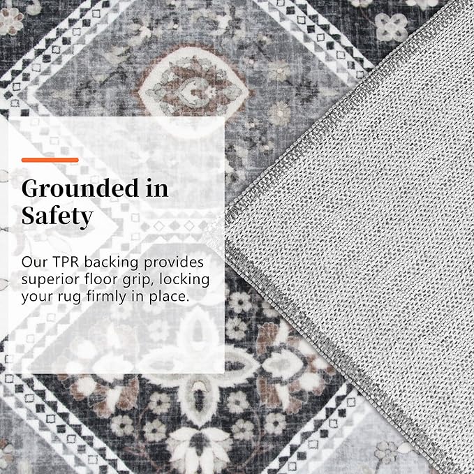 4x6 Area Rug, Soft Non-Slip Boho Moroccan Rug,Gray/Gold | Low-Pile Printed Indoor Washable Area Rugs for Living Room, Bedroom Bedside, Entryway, Kitchen