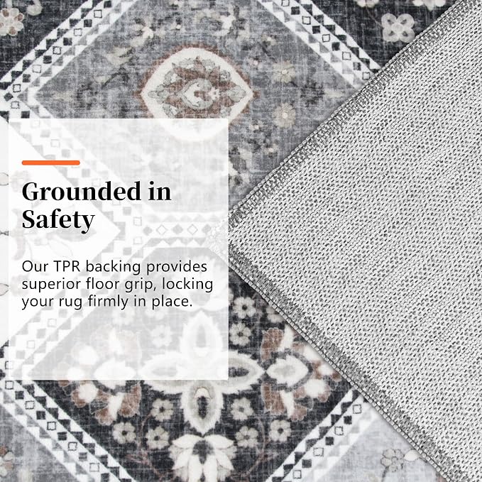 2x6 Runner Rug, Soft Non-Slip Boho Moroccan Rug, Gray/Gold | Low-Pile Printed Indoor Runners for Entryway, Hallways, Kitchen, Laundry Room, Bedside