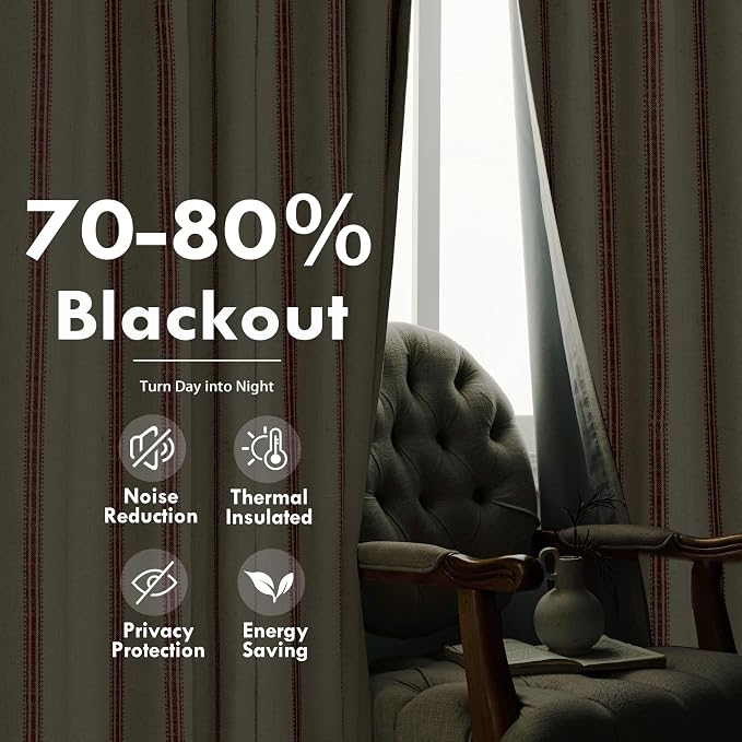 DriftAway Farmhouse Stripe Blackout Curtains, W52xL63, Red | Blackout, Linen Texture, Stripe Pattern, Rod Pocket & Back Tab, Two Layers, Bedroom Living Room Use, Sound Reducing Design