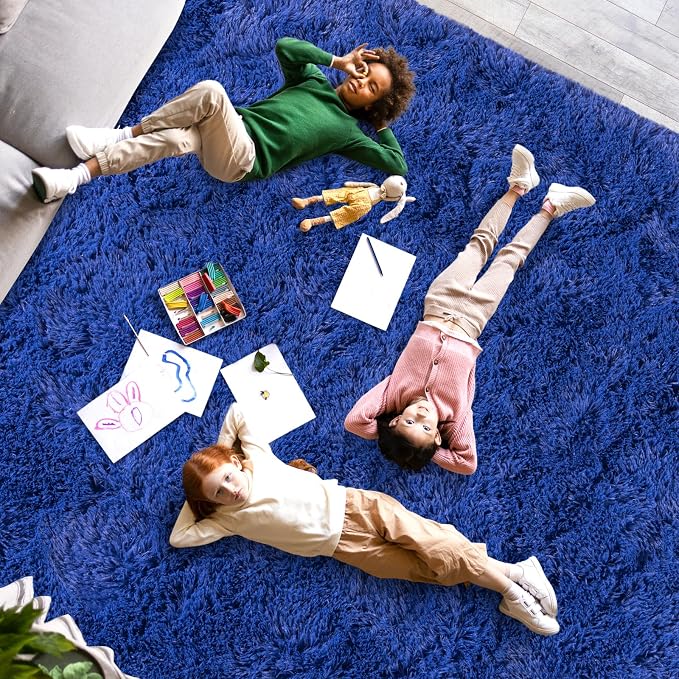 Dssimo Blue Fluffy Rugs for Living Room Bedroom, 9x12 Shaggy Area Rug | Large Plush Furry Upgrade Non-Slip Blue Area Rug for Nursery Kids Room Dorm Room Home Decor, Indoor Floor Carpet