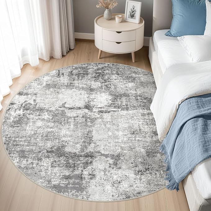 DMOYEST 5ft Round Area Rug for Living Room - 5x5 Washable & Non Slip Circle Rug, Kid & Pet Friendly Soft Low Pile Abstract Carpet for Bedroom and Dining Room - Grey