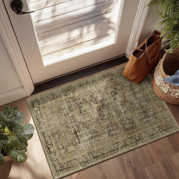 Washable 2x3 Entryway Rug, Boho Vintage Non-Slip Door Mat, Dark Green | 0.3" Neutral Throw Small Rugs for Bedroom Kitchen Nursery Entrance, Cushioned for High-traffic Area