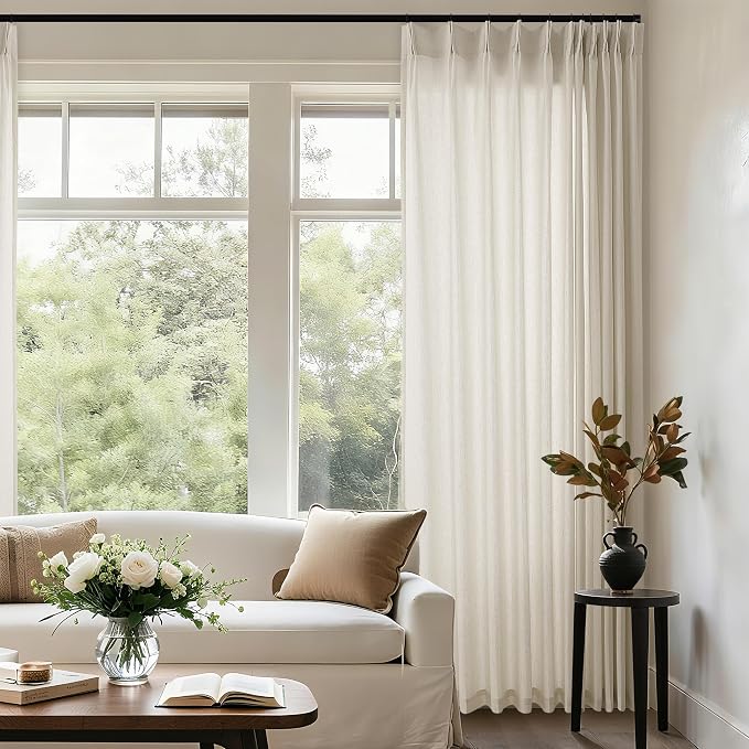 Sheer Linen Curtain 90 Inches Long 72 Inch Wide Pinch Pleated Drape | for Living Dining Room Patio Sliding Glass Door, Greyish Beige Oatmeal, Semi Sheer Privacy Drapes, with Hooks Rings, 72x90