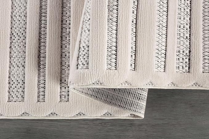 CAMILSON Modern Runner Rug 2x7 Luxury Striped Line Micro Loop Hallway Rugs Soft High-Low Pile Stain Resistant Easy to Clean Non-Shedding Durable Entryway Kitchen Indoor Area Carpet (White)
