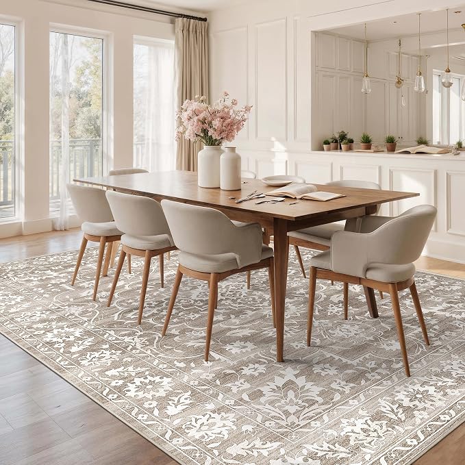 Soalmost 8x10 Area Rugs for Living Room, Washable Neutral Rug Light Brown | Vintage Floral Stain Resistant Non-Slip Low Pile Large Carpet for Dining Room Bedroom Home Office Nursery Grey, 8'x10'