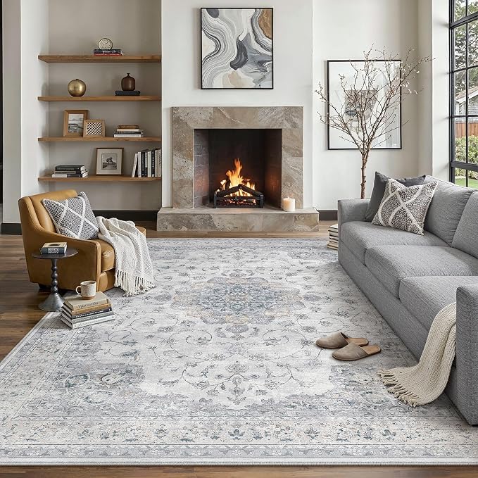 HUGEAR 8x10 Washable Rugs for Living Room Vintage Blue Bedroom Rug Soft Area Rug Non-Shedding Non-Slip Carpet Low Pile Dining Room Office Indoor Home Modern Decor