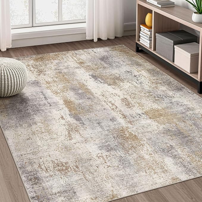 DMOYEST Area Rug Living Room Rugs - 6x9 Washable Soft Indoor Neutral Modern Abstract Low Pile Rug Carpet for Bedroom Dining Room Farmhouse Home Office - Brown Grey