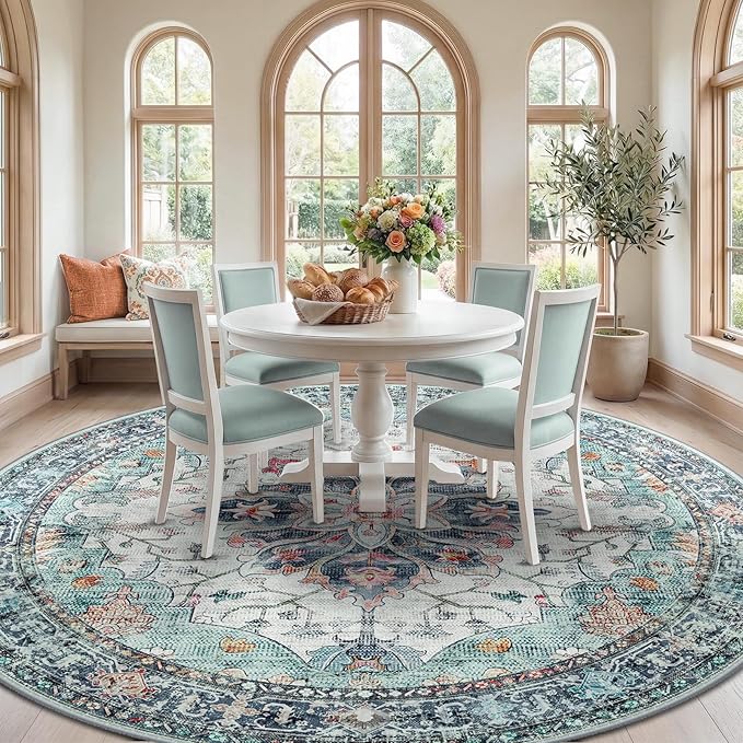 RELEANY Area Rugs Round 8ft Washable Non-Slip, Floral Vintage Distress Medallion Carpet for Living Room Bedroom Dining Room, Green Navy Blue White Red Teal