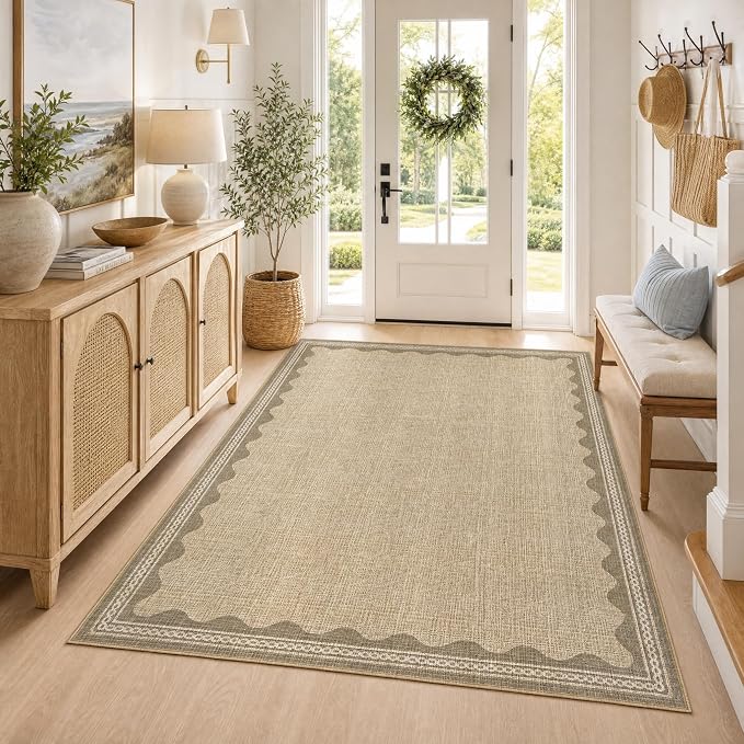 GarveeHome Washable Rugs 5x7 Rug for Living Room, Scalloped 5 x 7 Rug Solid Tan Jute Digital Printing Modern Low-Pile Carpet for Bedroom Dining Nursery Non Slip Mat with Rubber Back
