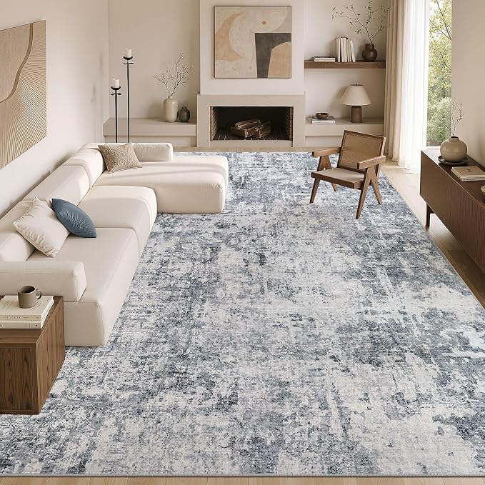 cotiled Washable Area Rug 9x12, Non-Slip Soft Neutral Rug for Living Room | Modern Abstract Carpet, Stain Resistant and Kid & Pet Friendly, Ideal For Bedroom, Dining Room, Nursery, Office - Blue/Gery