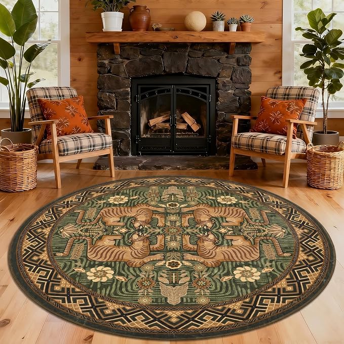 GarveeHome Tiger Round Area Rugs for Living Room, 8ft Boho Green Animal Print Circle Rugs Non Slip, Washable Vintage Tribal Floor Carpet for Dining Room Entryway Nursery Playroom Office