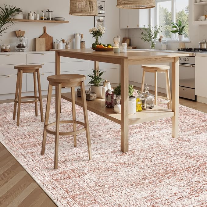 Soalmost 9x12 Area Rugs for Living Room, Non Slip Machine Washable Vintage Rugs, Low Pile Lightweight Large Rug for Bedroom, Dining Room, Home Office Pink
