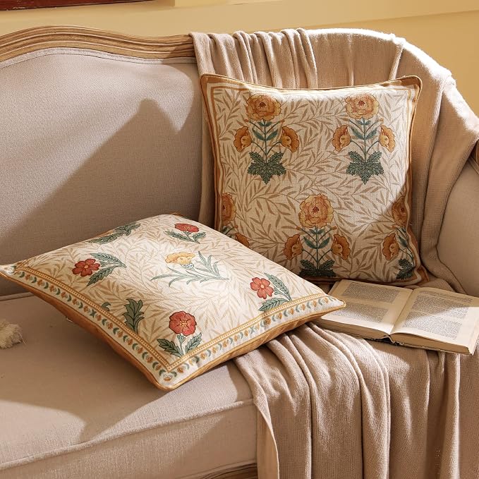 patdrea French Vintage Linen Throw Pillow Cover,Set of 4-RosaSilvestre | Decorative Pillow Case with Zipper,Yellow Floral Pattern,Cushion Coverfor Couch Living Room Bedroom Sofa