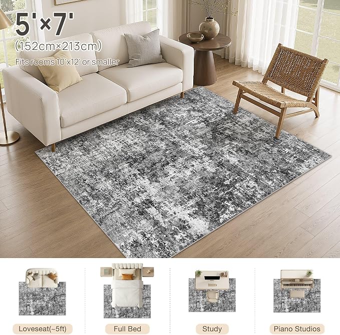 cotiled Washable Area Rug 5x7, Non-Slip Soft Neutral Rug for Living Room | Modern Abstract Carpet, Stain Resistant and Kid & Pet Friendly, Ideal For Bedroom, Dining Room, Nursery, Office - Blue/Gery