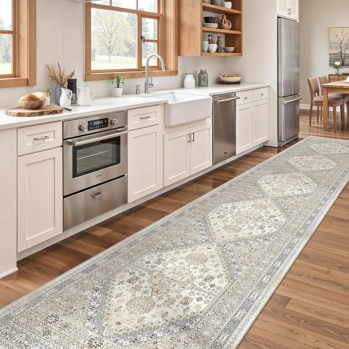 zesthome 2x12 Runner Rug, Long Hallway Rugs for Dining Room, Living Room, Bedroom, Machine Washable Kitchen Carpet Runner with Rubber Backing, Soft Low Pile Indoor Rug (Beige,2'x12')