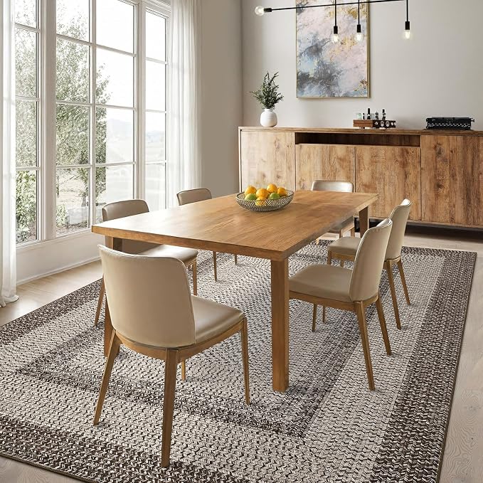 RUGSREAL Washable Rugs 5x7 Living Room Boho Throw Rug Stain Resistant Braided Print Border Large Carpet for Bedroom with Rubber Backing Low Pile Farmhouse Rustic Rug for Home Decor Office, Mocha