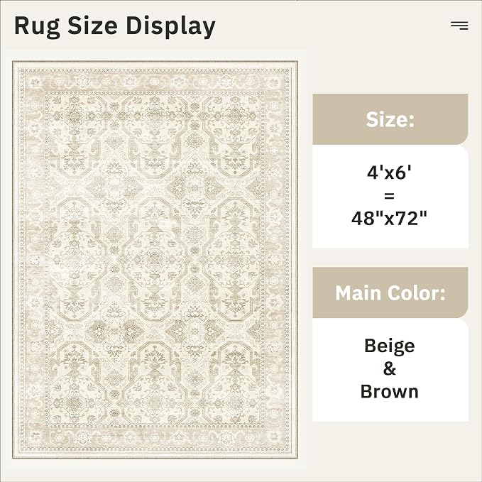 Soalmost 4x6 Area Rugs for Living Room, Vintage Washable Rugs for Dining Room, Bedroom, Home Office Decor, Non-Slip Beige/Brown Carpet Thin Rug