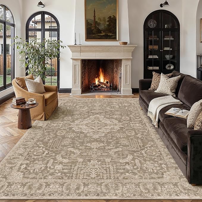 HUGEAR 8x10 Area Rug Taupe Machine Washable Rug Room Decor Distressed Vintage Living Room Rugs Low Pile Non Slip Soft Carpet for Bedroom Dining Room Office Soft Lightweight