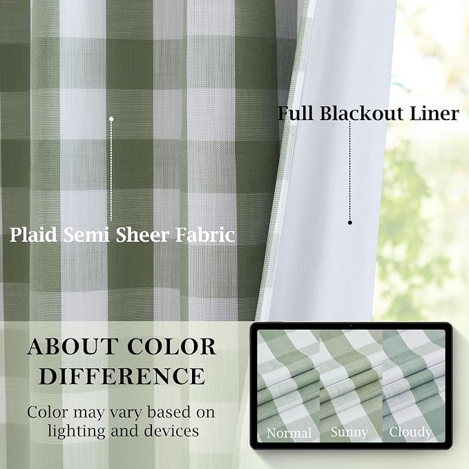 Short Sage Green Buffalo Plaid Full Blackout Curtains 63 Inch | Farmhouse Drapes for Bedroom Living Room,Thermal Insulated Window Treatment,Rod Pocket Back Tabs,52"Wx63"Lx2