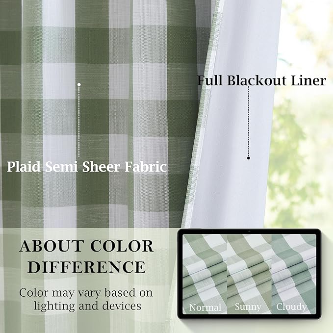 Sage Green Plaid Full Blackout Curtain Panels 84 Inches Long | Farmhouse Geo Pattern Drapes,Thermal Insulated Window Treatment for Bedroom Living Room,Rod Pocket Back Tabs,52"Wx84"Lx2