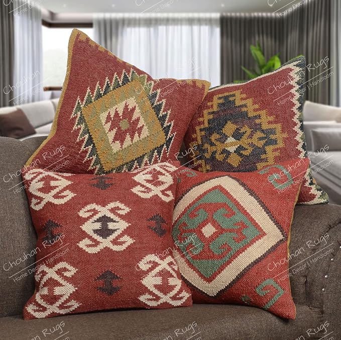 Chouhan Rugs 4 PCS Set of Hand Woven Jute Kilim Cushion Cover Indian Vintage Pillows 18X18 Rug Boho Shams (Pattern 5)